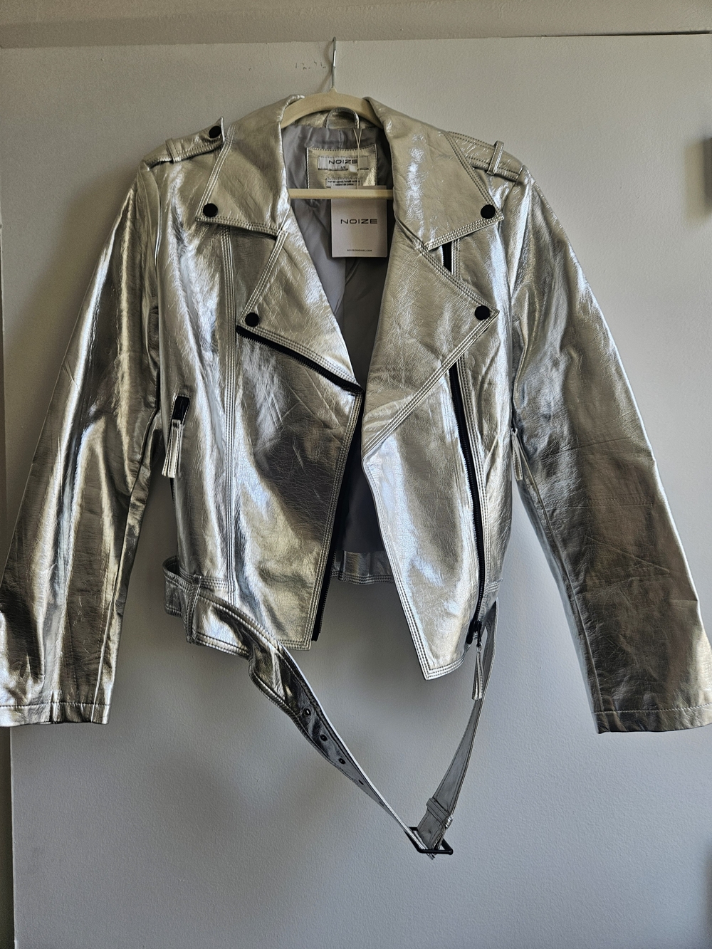 Noize Metallic Silver Moto-Style Leather Jacket